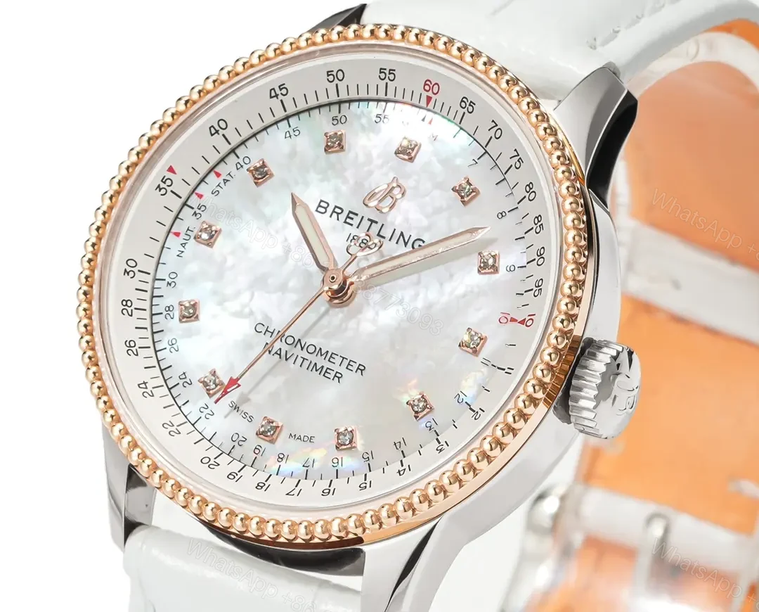 View 4 of JF Factory Breitling Women’s Navitimer Automatic Chronograph Watch – White Mother-of-Pearl Dial, Stainless Steel Case, White Leather Strap