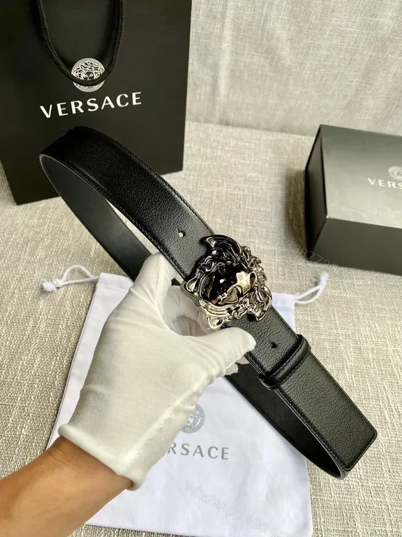 View 6 of Sleek Black Leather Medusa Buckle Belt - Versace, 3cm#