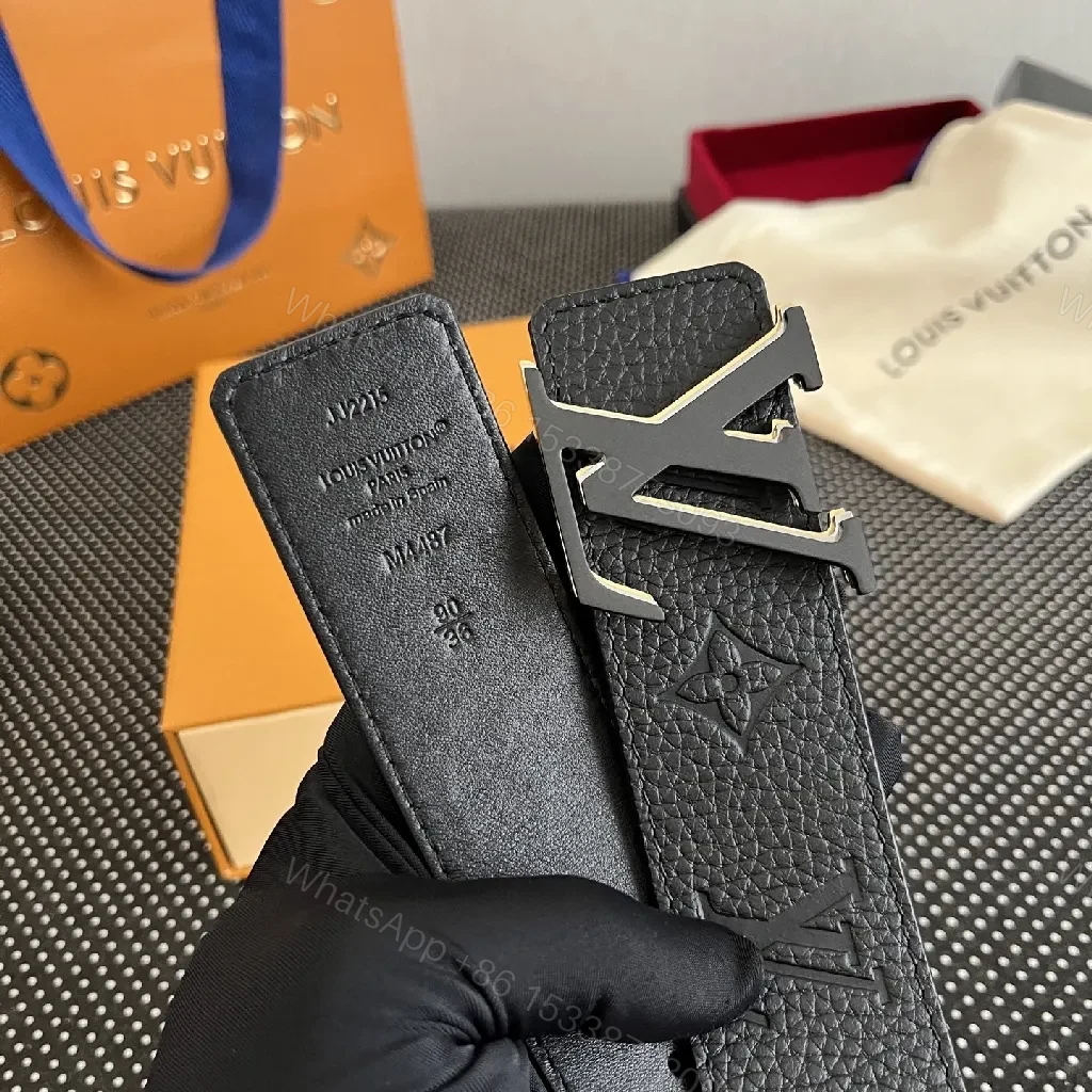 View 9 of Monogram Leather Belt with Gold Accent Buckle - Luxury Style