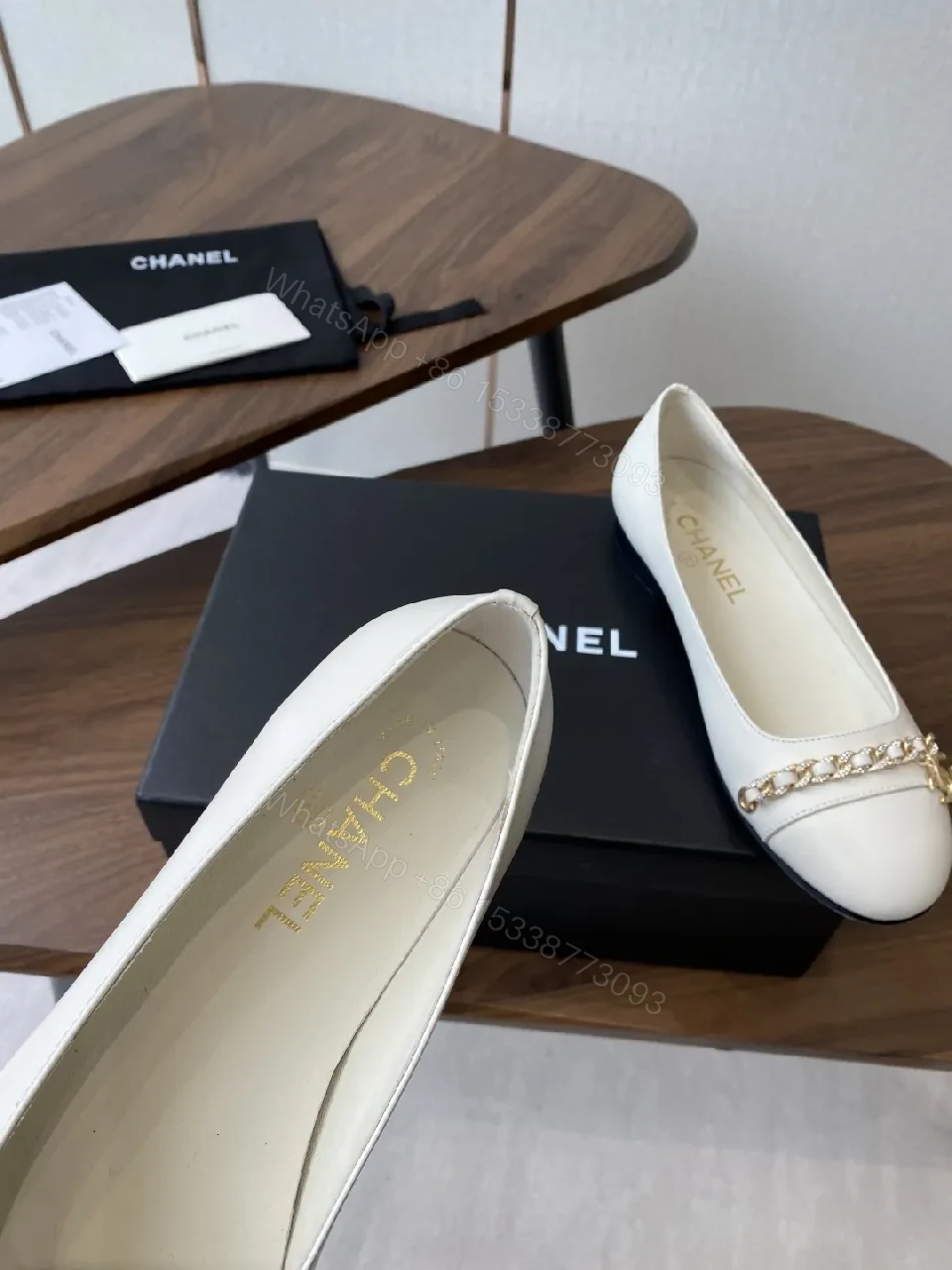 View 9 of White Leather Ballet Flats with Gold Chain Detail - Luxe Comfort