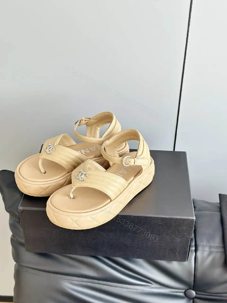 View 5 of Quilted Leather Sandal with Cushioned Footbed and Nude-Tan Strap