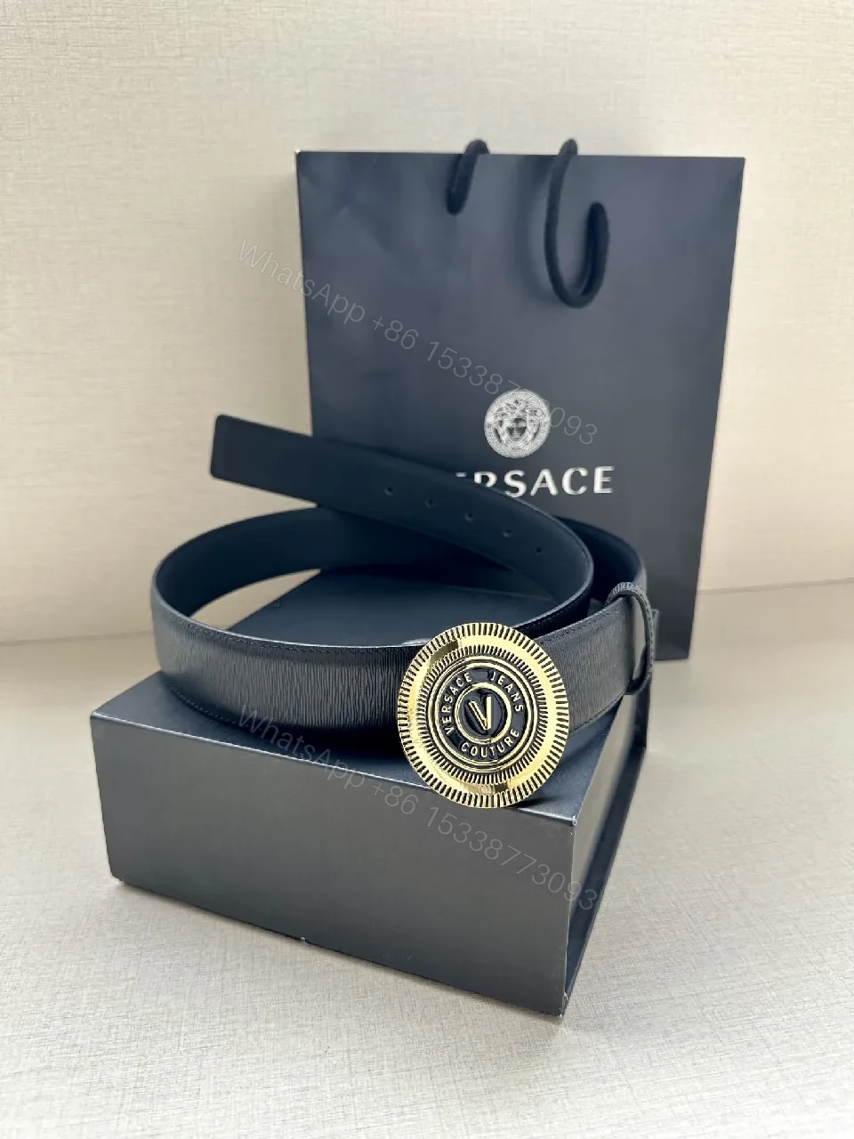 View 8 of Navy Velvet Belt with Circular Medallion Buckle - Luxury Style Belt
