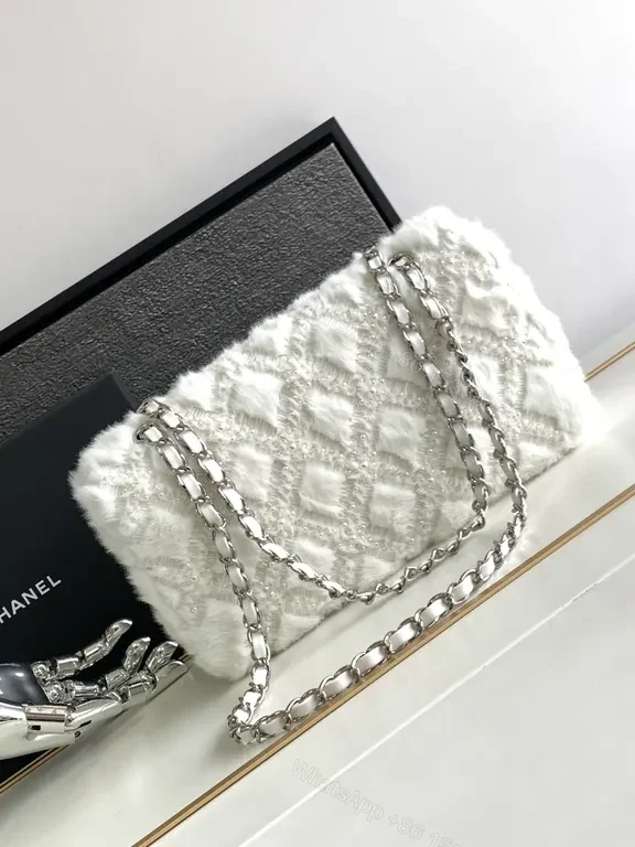 View 9 of White Faux-Fur Diamond Wallet Bag: Luxe, Structured, Signature Charm