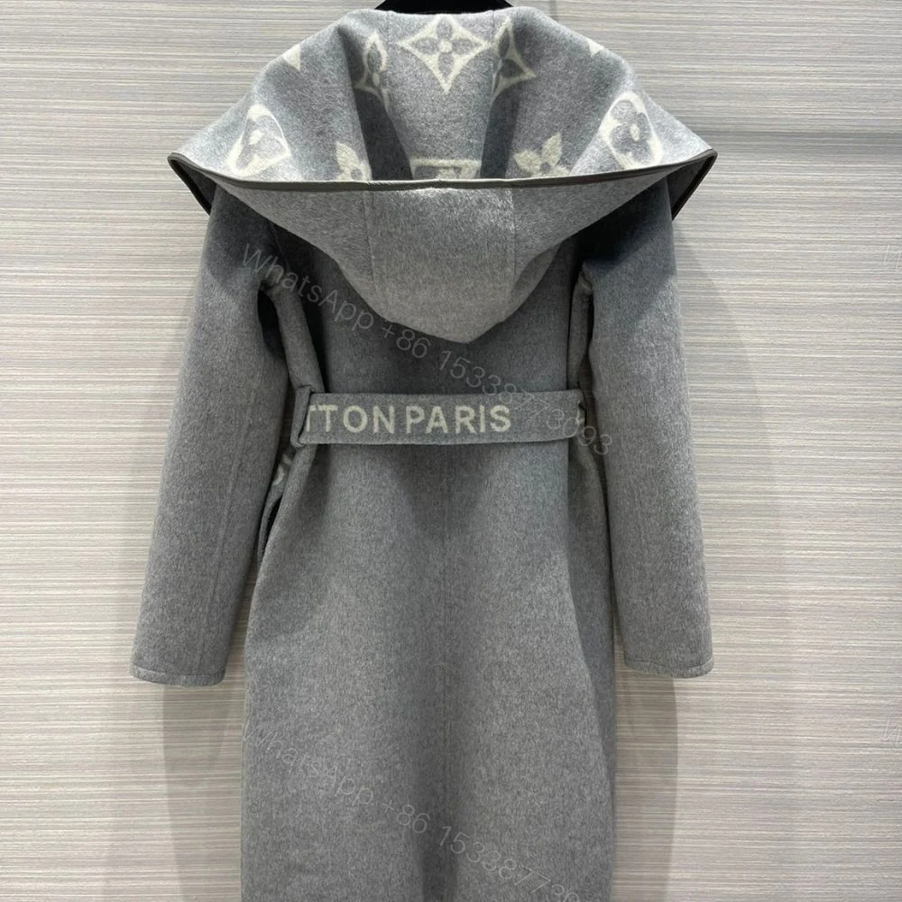 View 3 of Louis Vuitton Belted Double Sided Hooded Wrap Coat Gray 1A92VF