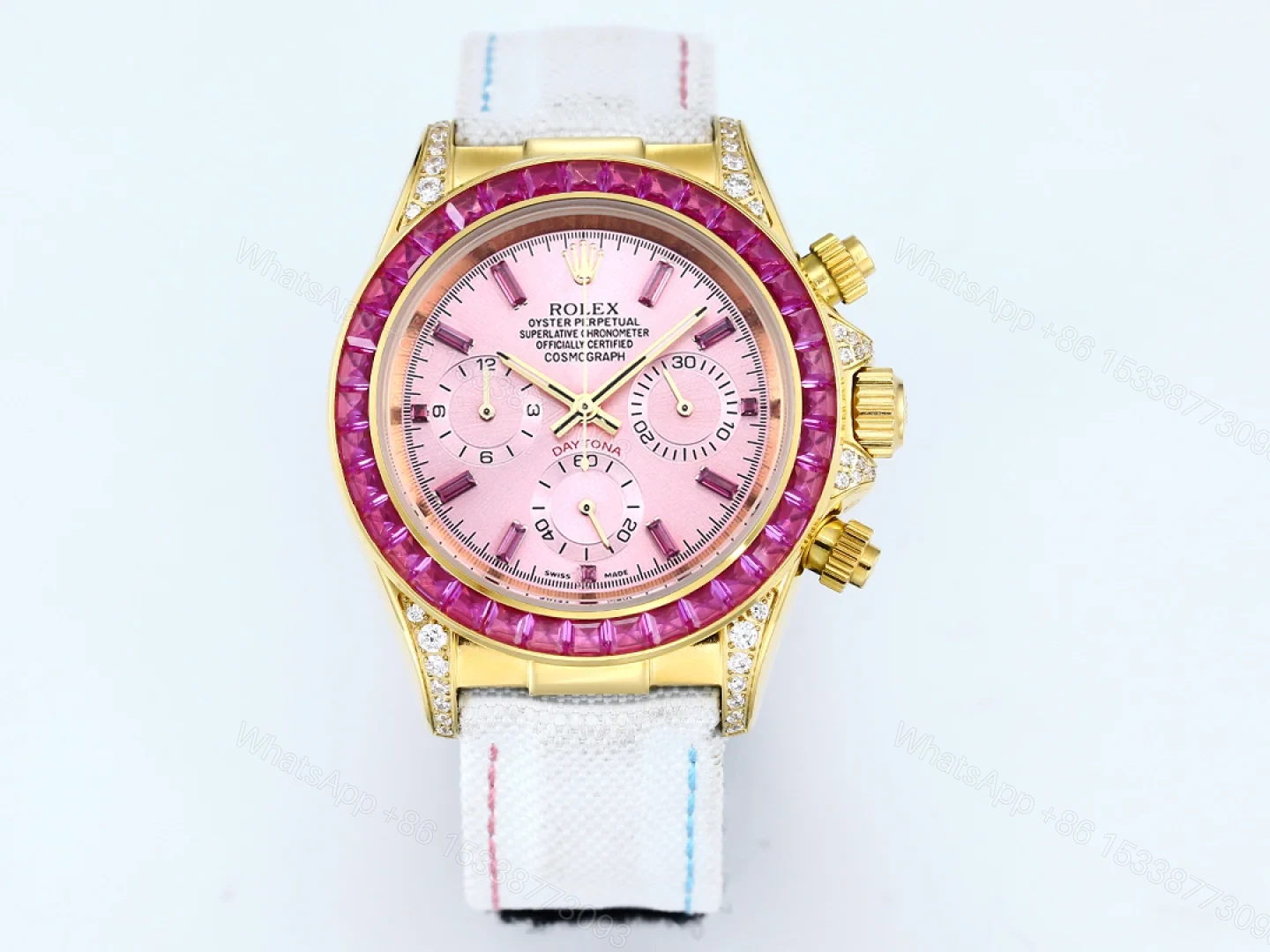 Rolex Daytona Pink Ruby White Strap Replica 43MM Exclusive Gold Case Edition RG-ROLEX-DAYTONA-PINK-RUBY-WHITE-43 — view 1