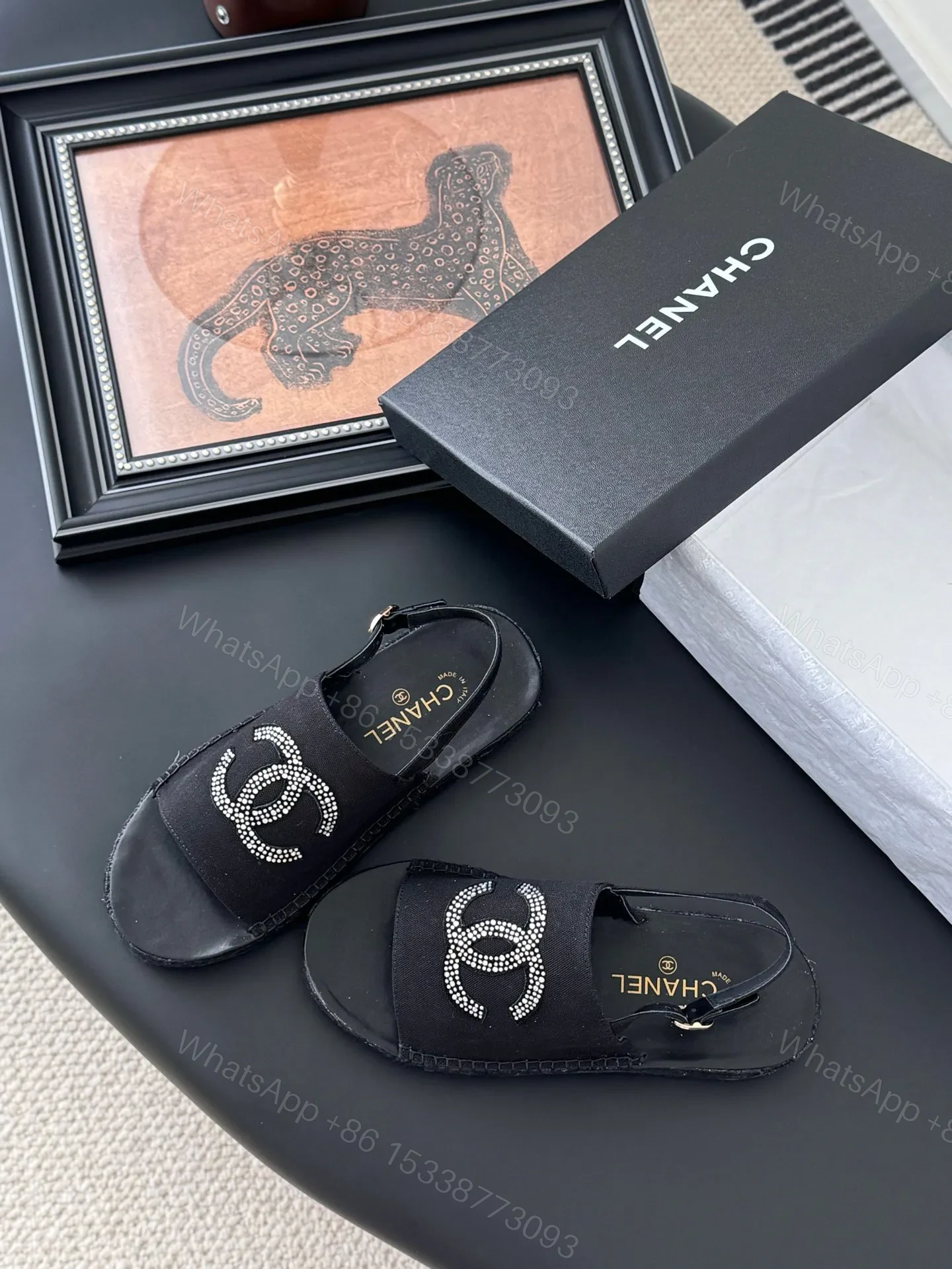 View 6 of Chanel Women Black Fabric Logo Embellished Sandals