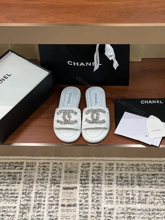 Lux White Sparkle Slides - Chanel-Emblem, Luxe Comfort — view 1