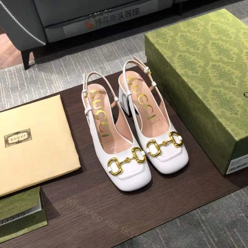 View 3 of Gucci Women’S Mid Heel Slingback With Horsebit White ‎643892 C9D00 9022