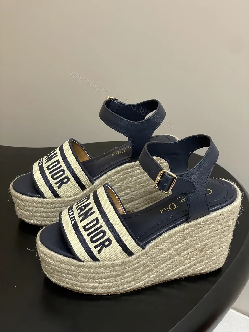 View 3 of Navy Leather Espadrille Wedge Sandals - Bold Luxe Style