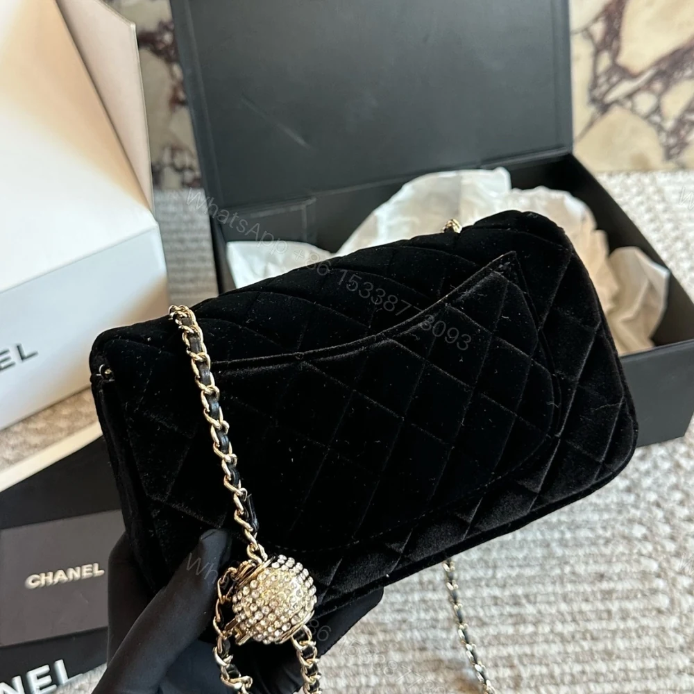 View 7 of Chanel Mini Flap Bag Velvet Diamante And Gold Tone Metal Black 20Cm
