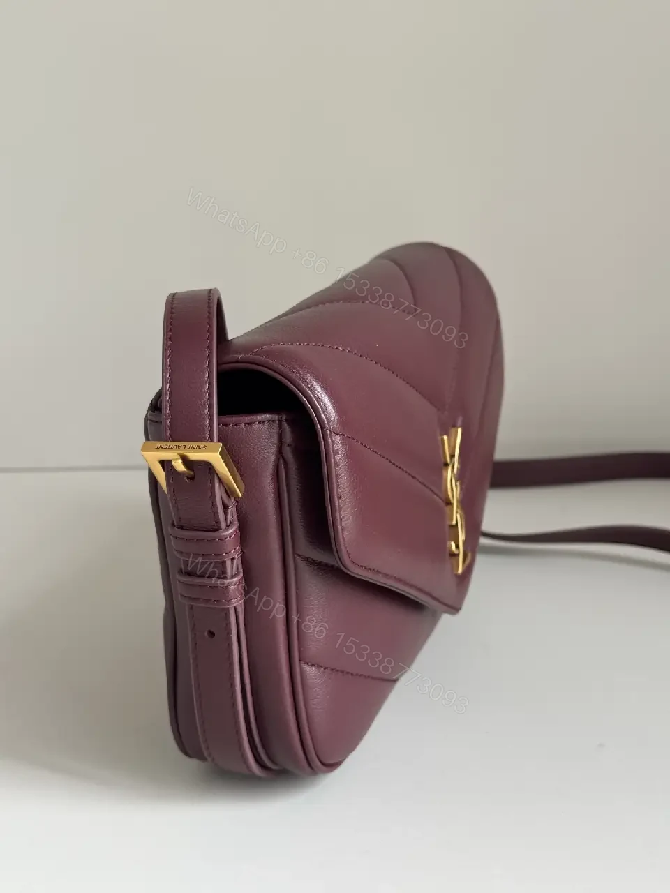 View 4 of Quilted Leather Crossbody Bag: Burgundy, Gold-Tone, Chic Evening