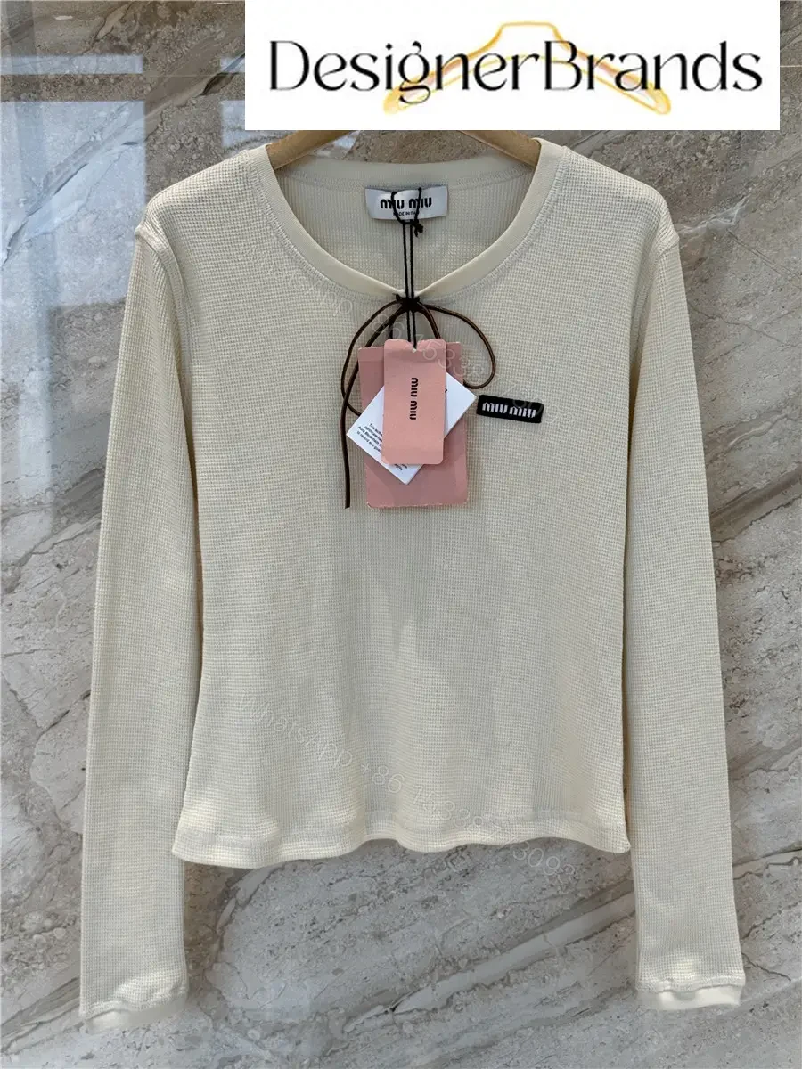 View 2 of Miu Miu Beige Waffle-Knit Cotton Long-Sleeve T-Shirt