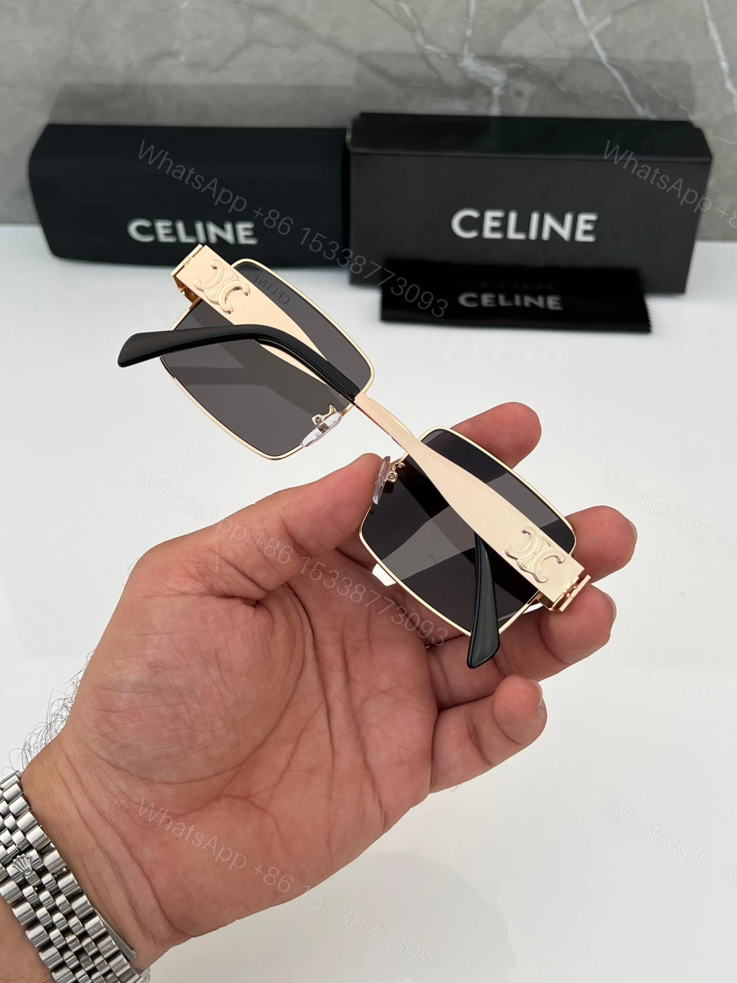 View 4 of Celine Square Sunglasses Gold Frame Black Lenses