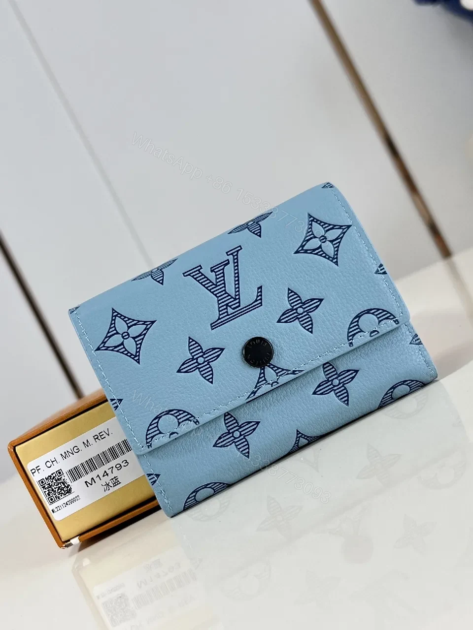 Light Blue Monogram Compact Wallet — Sleek Snap Closure Luxury — view 1