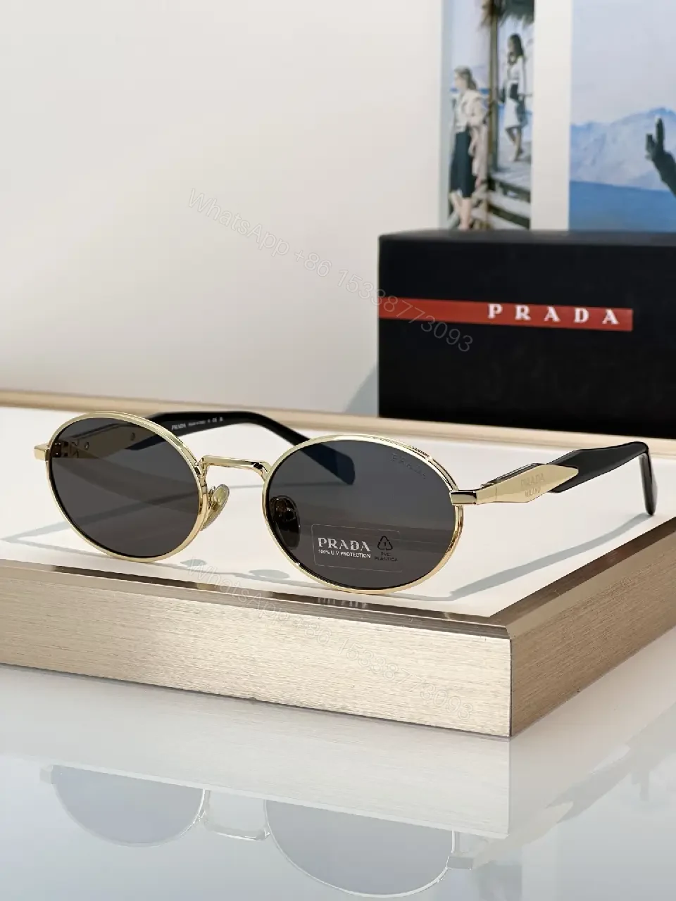 View 5 of Dark Green Lens Slim Rim Sunglasses with Gold Metal Frame