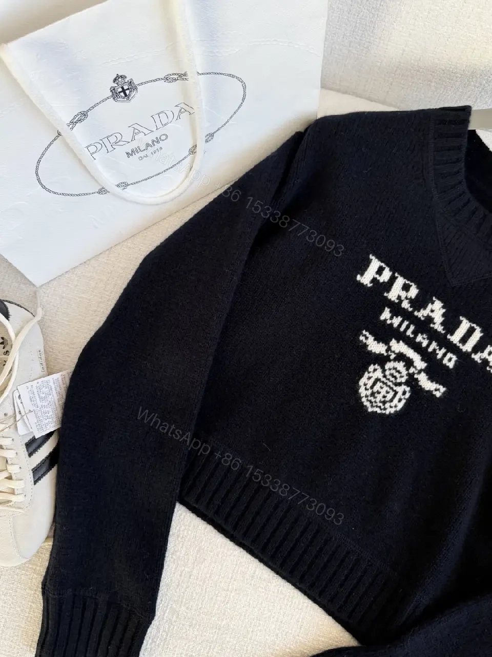 View 2 of Black Knit Logo Crest Luxe Sweater, Relaxed Fit, Premium Knit