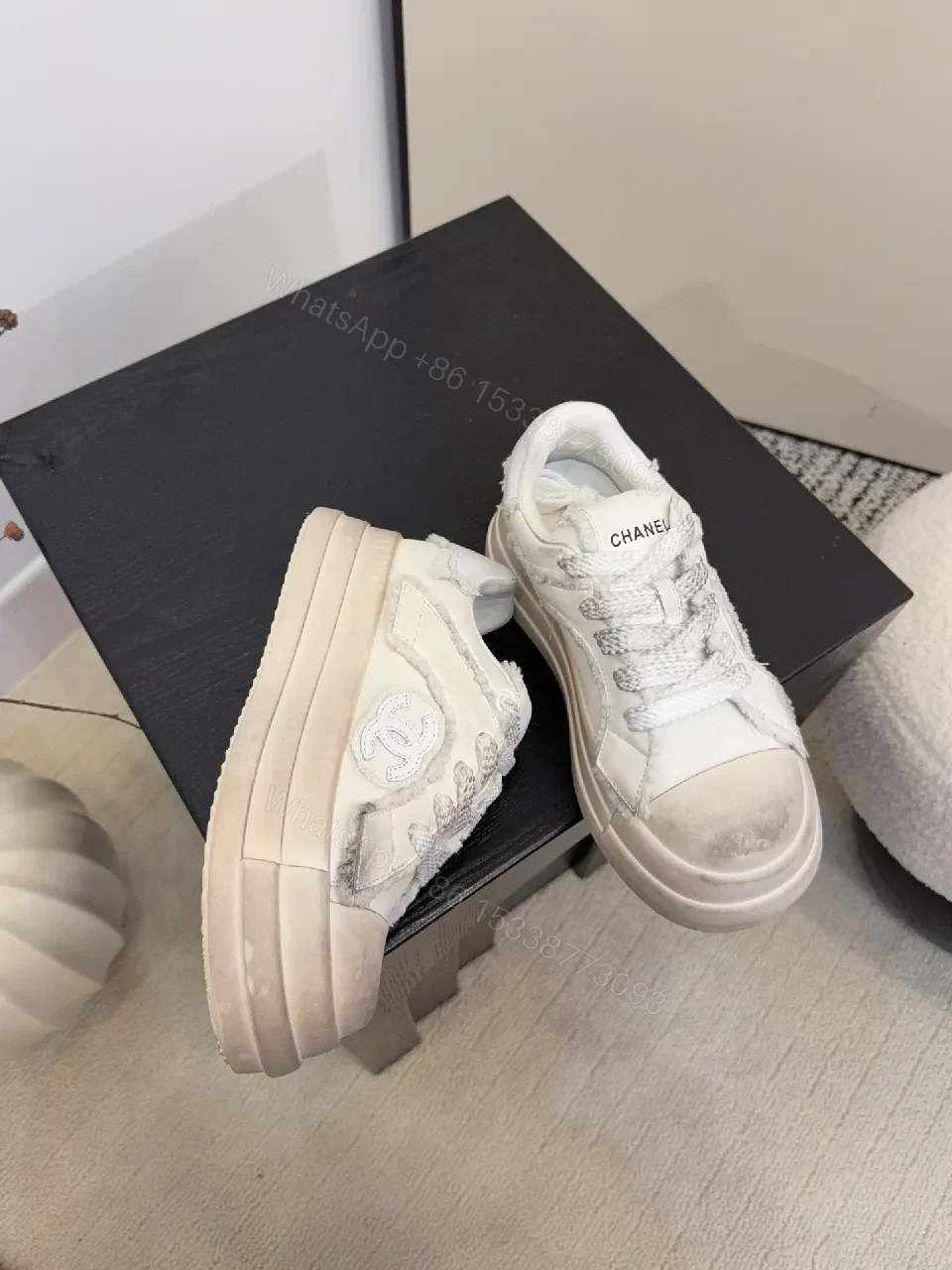 View 4 of White Leather Chunky Sneaker with Textured Panels, Signature Stitching