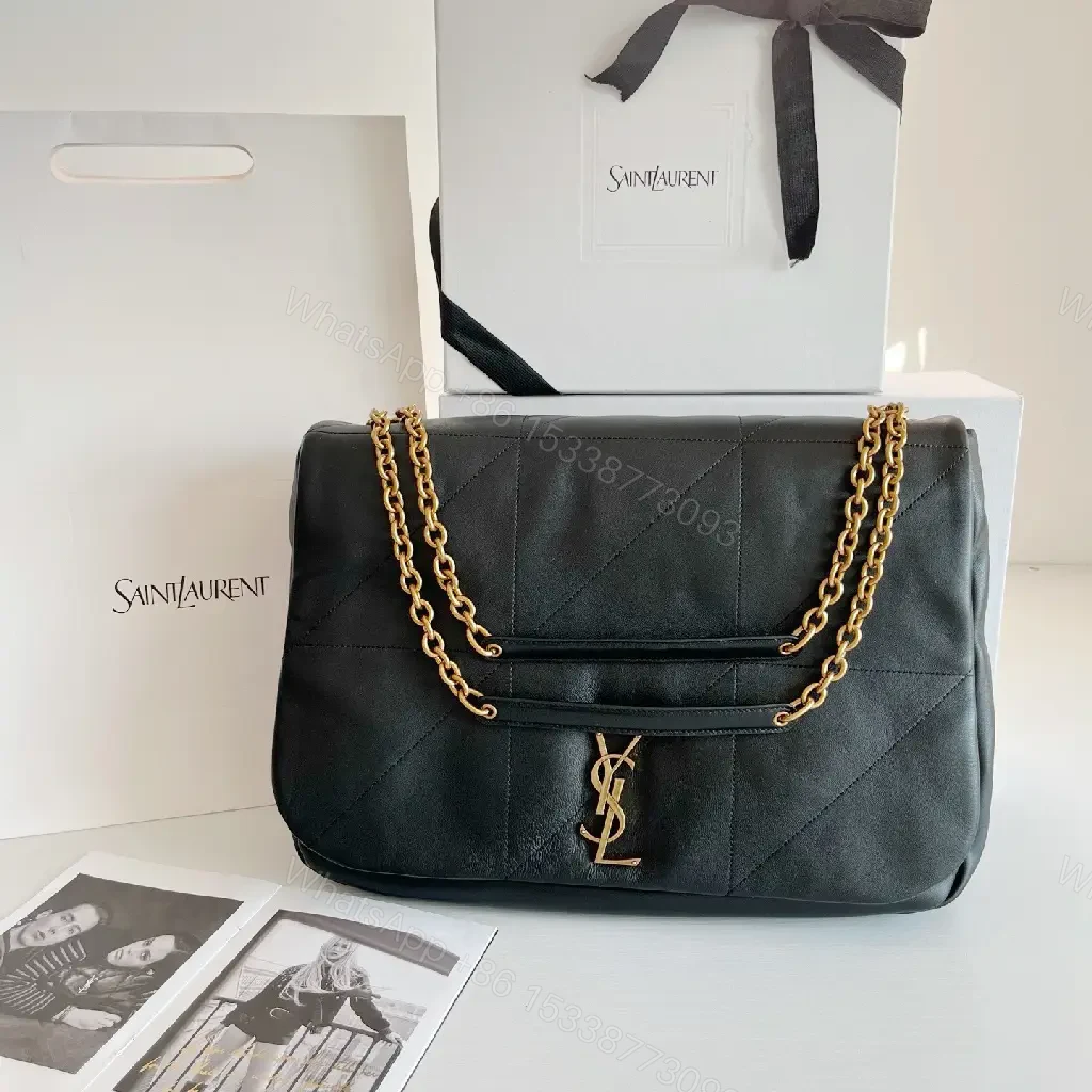 Quilted Black Leather Shoulder Bag with Gold Chain — view 1