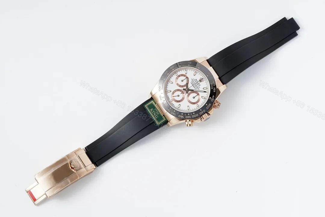 View 9 of Clean Factory KING ROLEX Daytona Rose Gold White Dial Rubber Strap Watch – Premium Replica with 7750 Movement