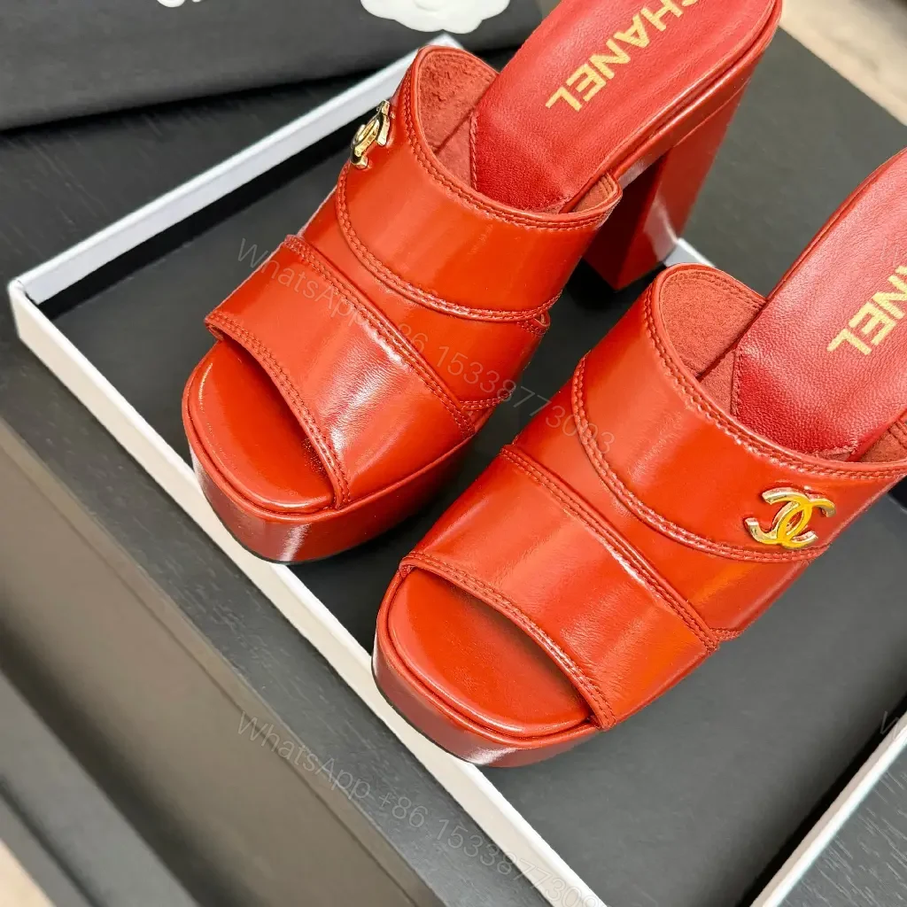 View 8 of Bold Red Platform Mules with Gold Logo Hardware