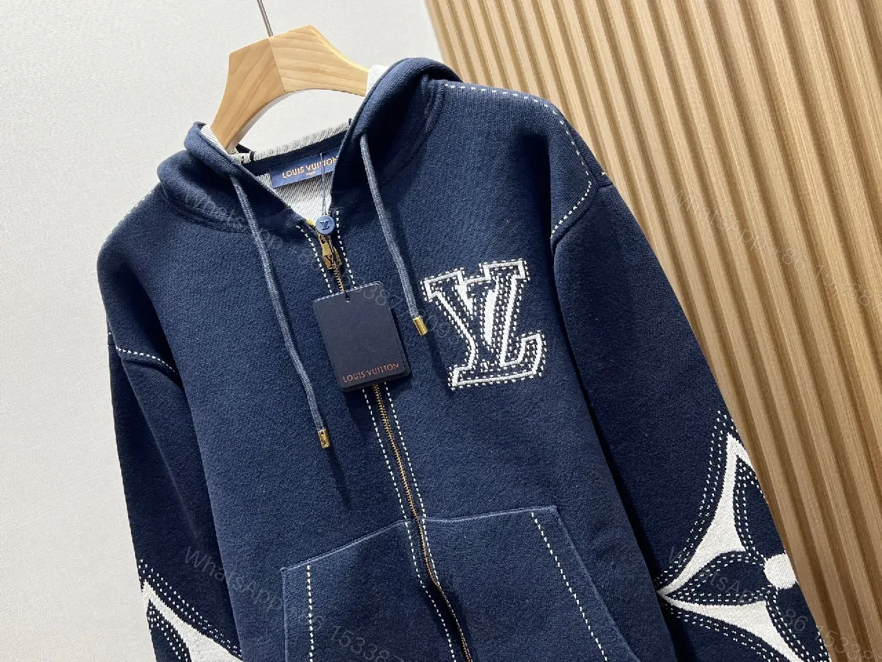 View 3 of Navy Denim Hoodie Jacket with LV Embroidery – Modern Luxe Outerwear