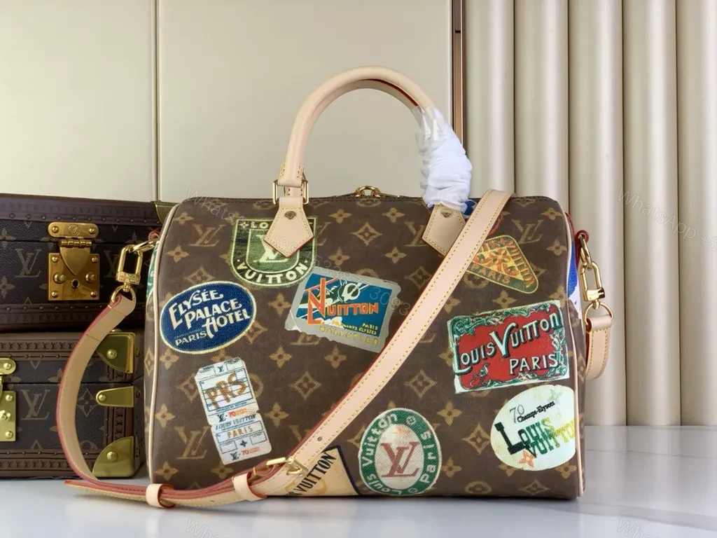 View 5 of Bold LV-Inspired Patch Satchel - Travel-Ready Satchel