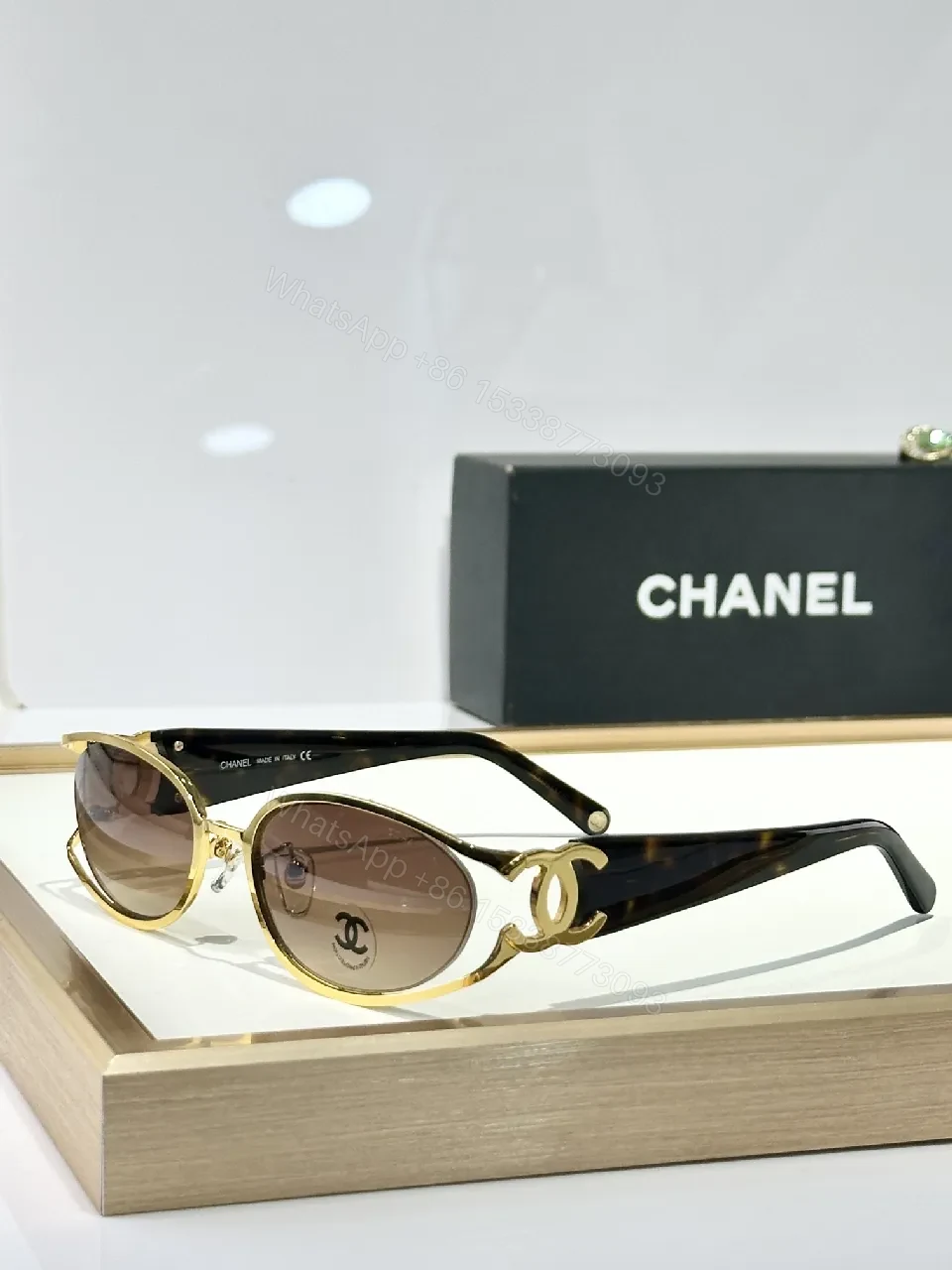 View 4 of Gold-Trim Round Sunglasses: Luxe Leather-Feel Frame, Gradient Lenses