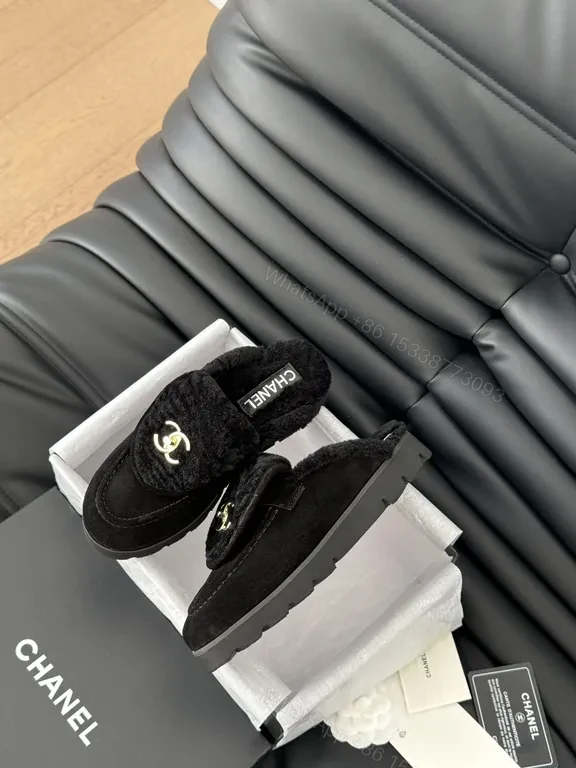 View 8 of Velvet Trim Slippers - Chanel-Inspired, Gold Logo Slip-Ons