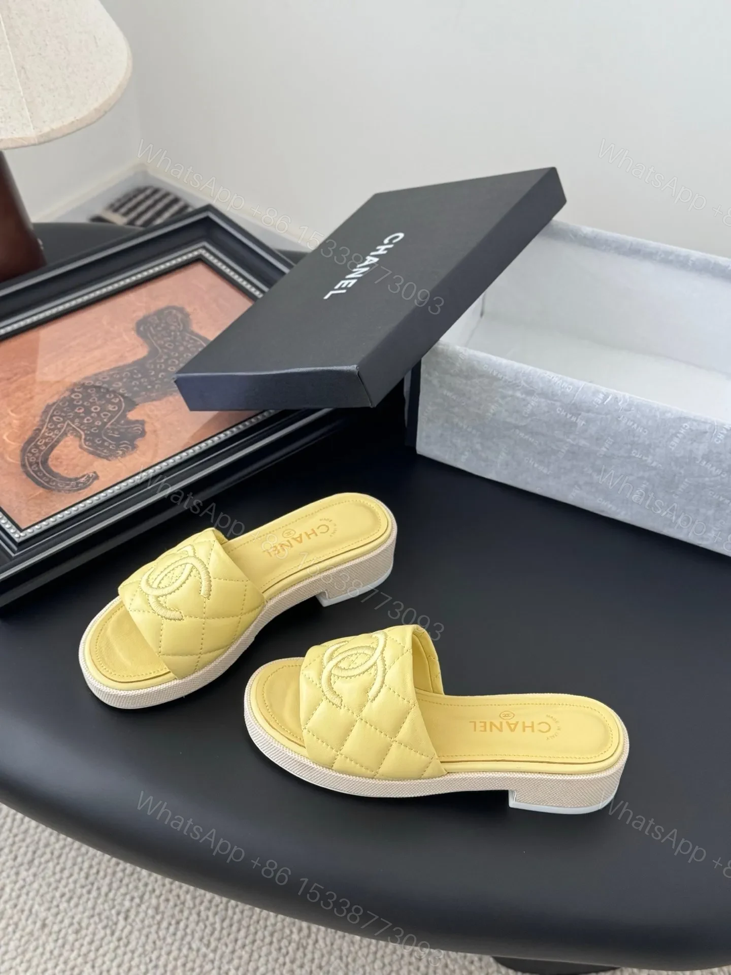 View 2 of Chanel Women Yellow Quilted Leather Slides