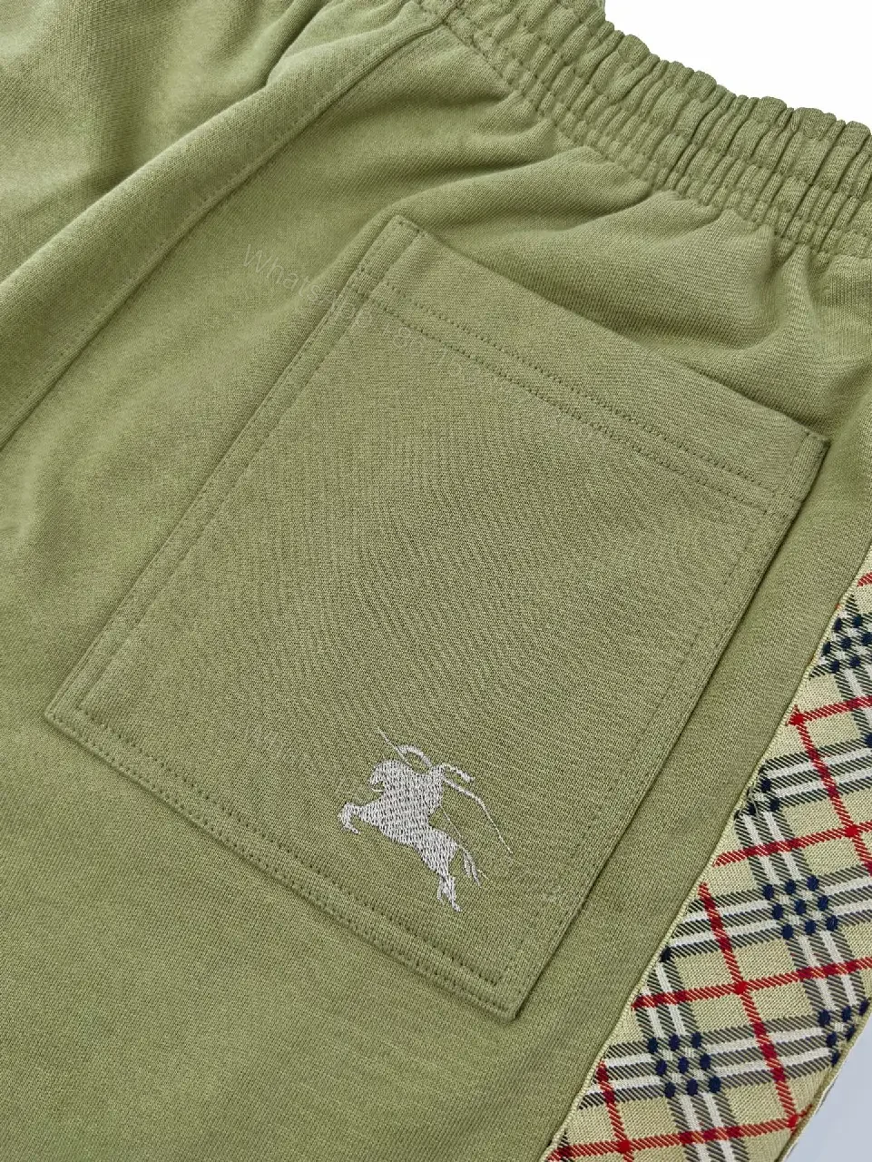 View 7 of Olive Cotton Drawstring Shorts with Plaid Side Stripes
