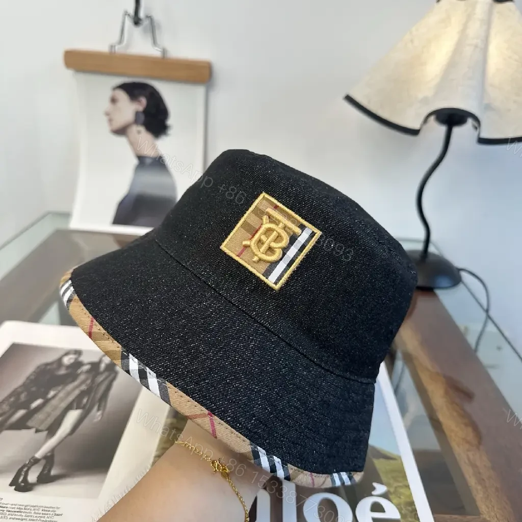 View 10 of Dark Black Denim Bucket Hat with Burberry-Style Band and Gold Emblem