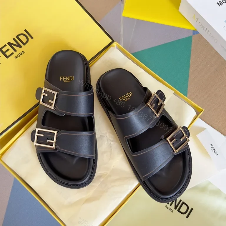 View 7 of Bold Leather Fendi Slides - Minimalist Luxury, Contoured Comfort