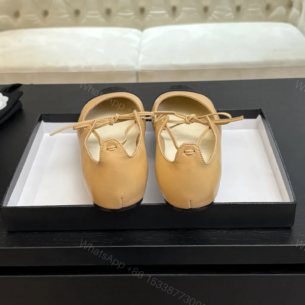 View 9 of Tan Leather Ballet Flats – Black-Tipped, Bow Accent, Cushioned Comfort