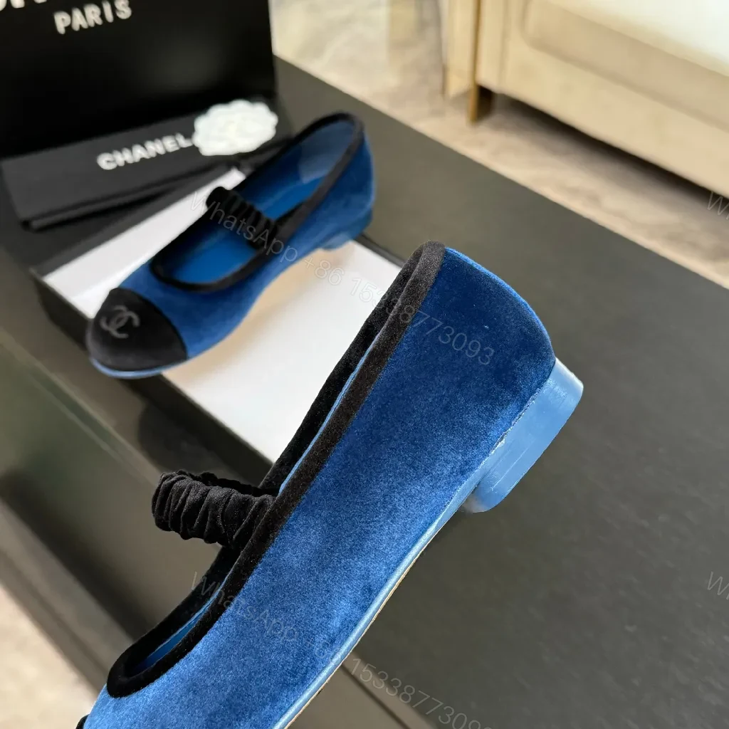 View 3 of Blue Velvet Ballet Flats with Black Cap-Toe Detail