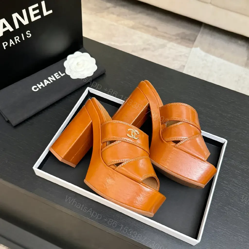 View 6 of Chunky Leather Mules with Logo Detail, Platform Heel, Open Toe