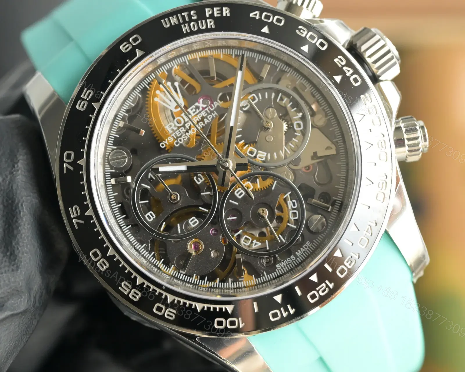 View 9 of Rolex Daytona Carbon Skeleton Black Dial Tiffany Strap Edition 40mm RG-DAYTONA-CARBON-SKELETON-TIFFANY