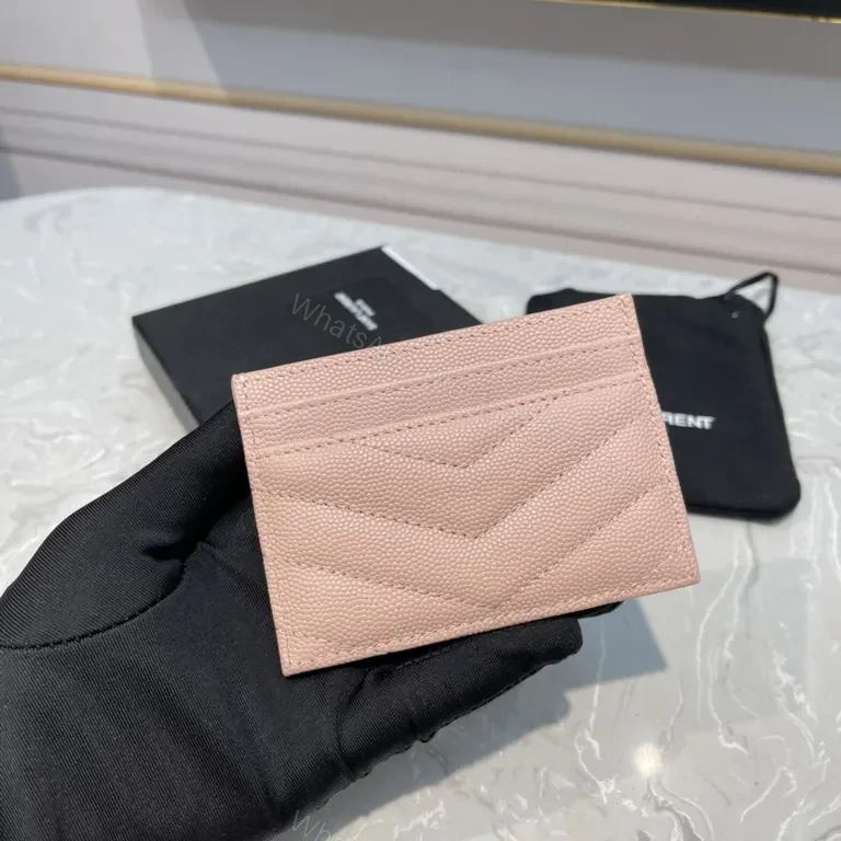 View 6 of Pink Chevron-Quilt Card Holder with YSL Logo, Calfskin Leather