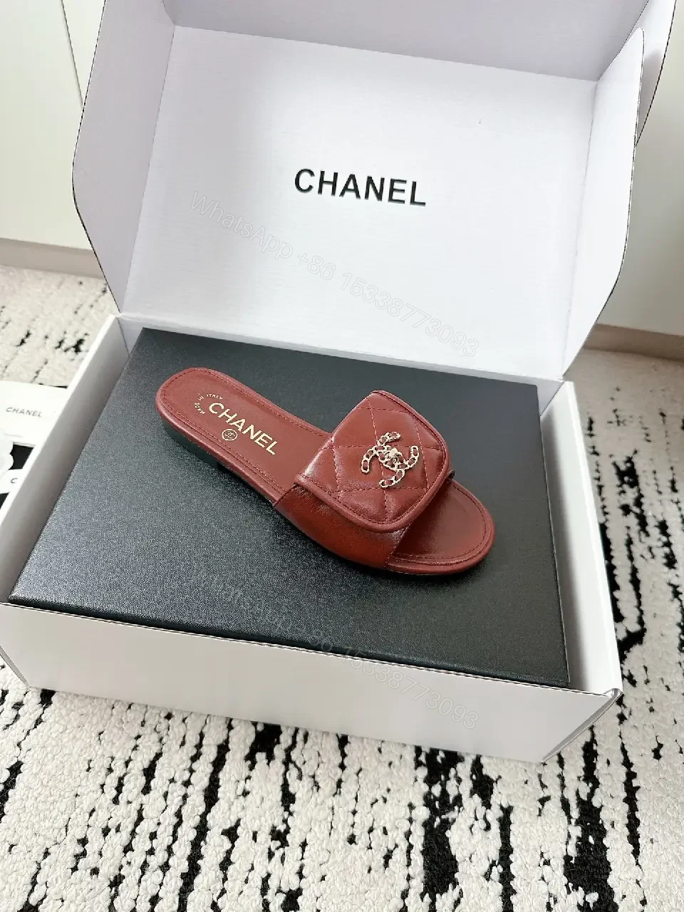 View 8 of Red Leather Chanel-Inspired Wide-Strap Slides: Luxe Everyday Elevation