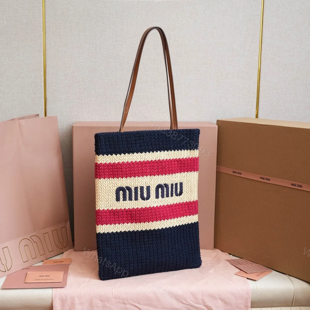 View 3 of 高仿miumiu*5BG248拼色LOGO稻草柳條包深藍色免檢版