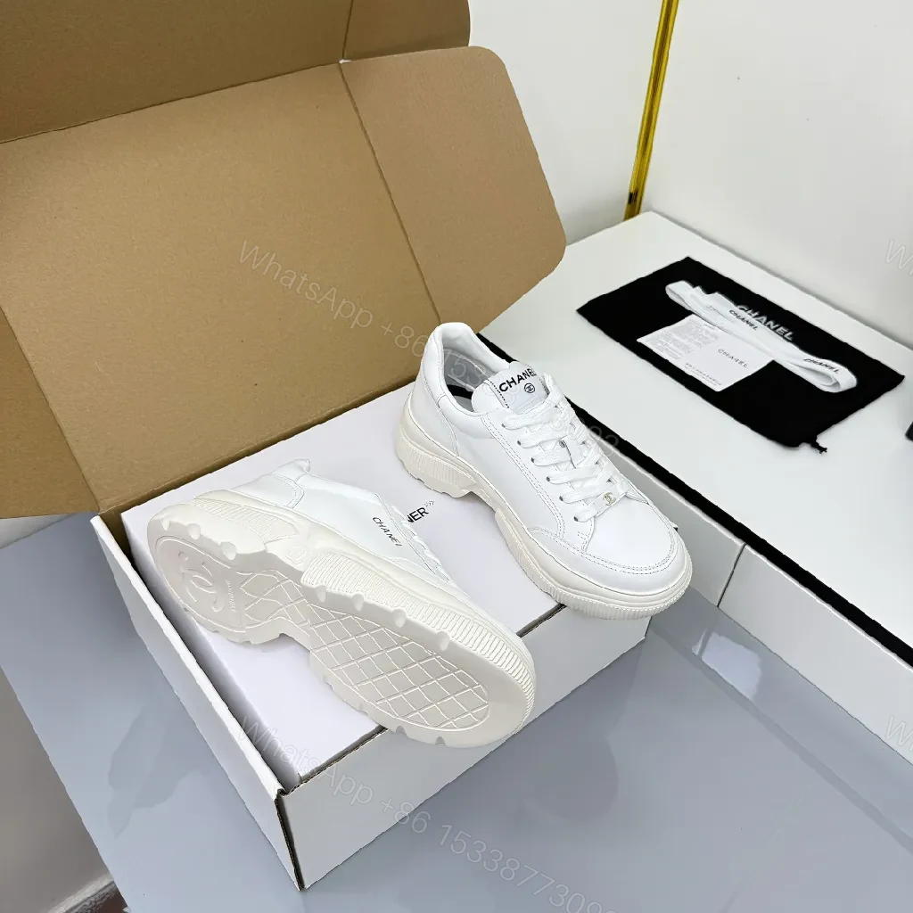 View 7 of White Leather Platform Sneaker with Subtle Chanel-Inspired Detail