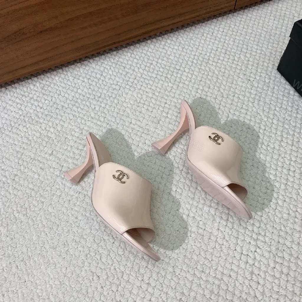 View 4 of Powder Pink Patent Slides with Iconic Twist, Mid-Heel Elevation