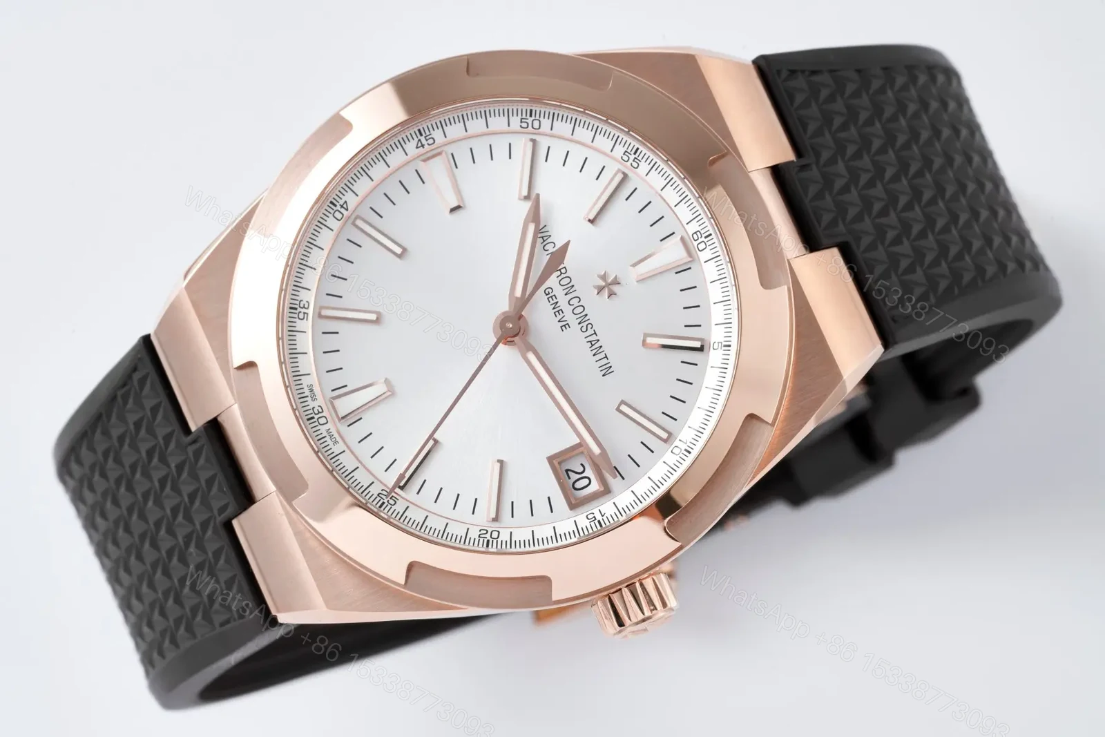 View 4 of Vacheron Constantin Overseas 4500V Series Rose Gold Watch with Black Rubber Strap – 41mm Silver Dial, Date Display, Automatic Movement