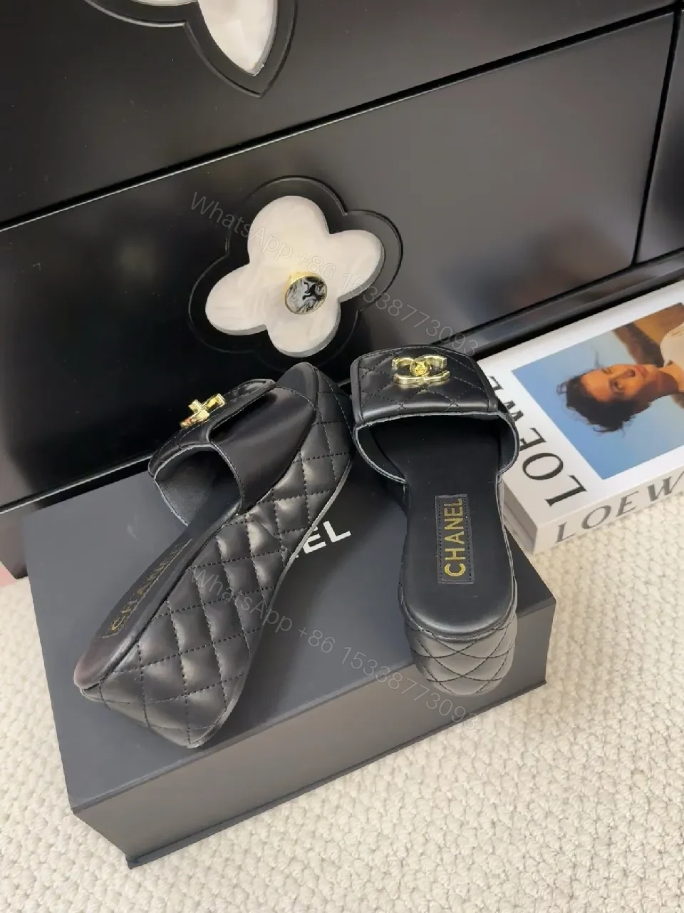 View 9 of Quilted Leather Slides with Gold Logo Sandals