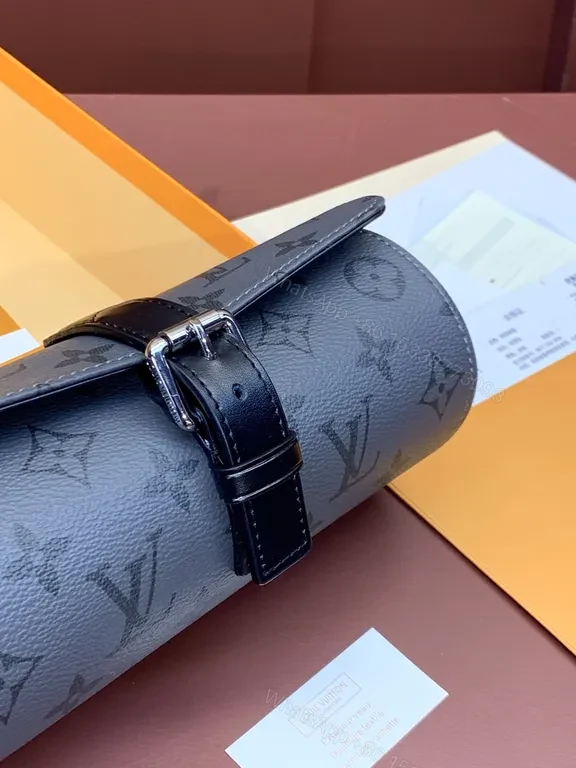 View 8 of Velvet Black LV-Style Structured Clutch with Monogram Canvas