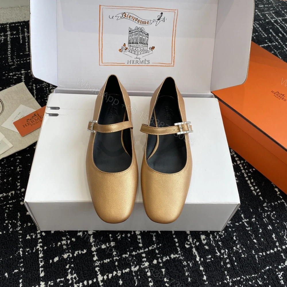 高仿Hermes*H242048ZDR小牛漆皮瑪麗珍鞋金色免檢版 — view 1