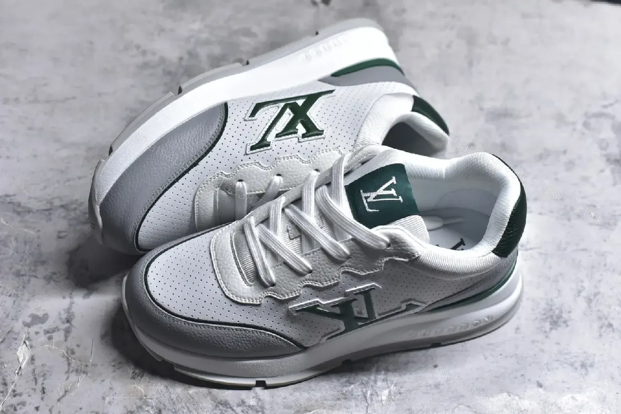 View 5 of Modern Knit-Sneaker in Grey Leather with Green Accents, Comfortable Everyday Luxury
