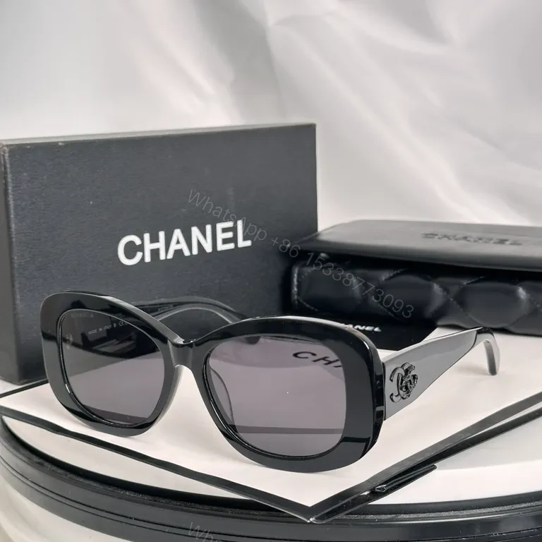 View 3 of Black Acetate Chanel-Style Oversized Sunglasses with Logo Detailing - Luxury Eyewear