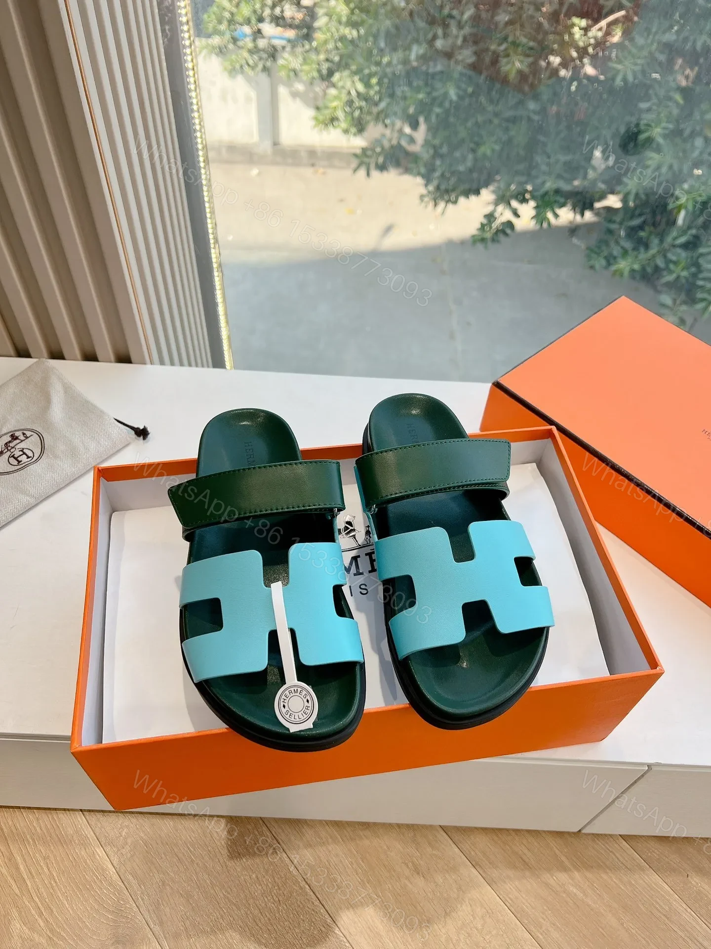 View 3 of Hermes Women Green Leather Blue Sandals