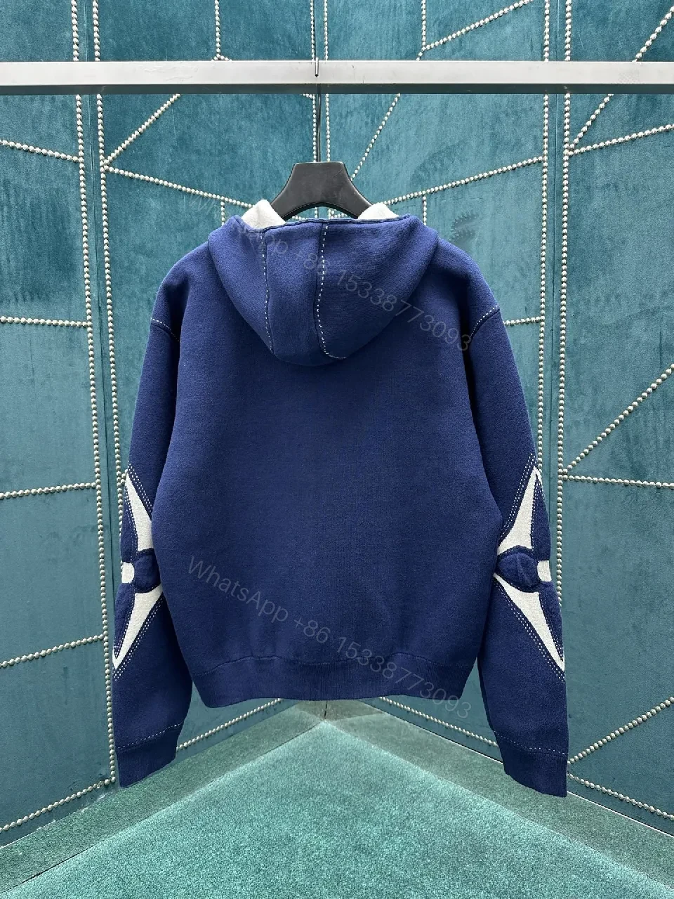 View 9 of Navy Velour Zip Hoodie - Luxury LV-Inspired Detail