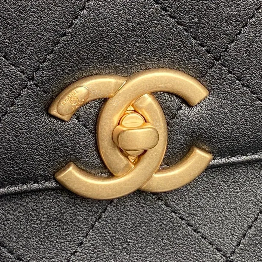 View 4 of Chic Black Quilted Flap Bag with Gold Logo